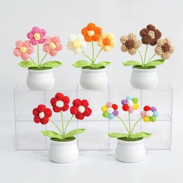 Fleurs décoratives faites à la main à la main au crochet de fleur plante en pot en pot élégant en fil réaliste durable décoration de bouquet de bouquet en tricot