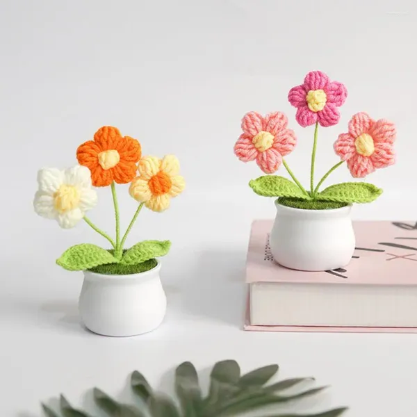 Fleurs décoratives faites à la main, petite fleur en pot, plante élégante, durable, fil réaliste, décoration de la maison, Bouquet tricoté