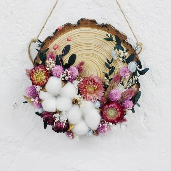 Flores decorativas hechas a mano, bolsa de Material DIY, decoraciones florales con virutas de madera, pintura colgante en círculo seco, número de puerta, pared de cafetería