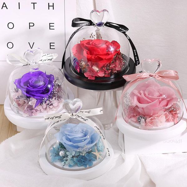 Fleurs décoratives faites à la main pour toujours de vraies roses dans un dôme en verre, cadeaux d'anniversaire pour la Saint-Valentin, rose rouge préservée, cadeau romantique pour la maison