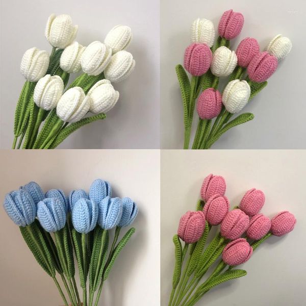 Tulipes artificielles tricotées à la main, fleurs décoratives, pour décoration de maison, fil de coton, Vase de fausses fleurs, fournitures cadeaux pour la fête des mères