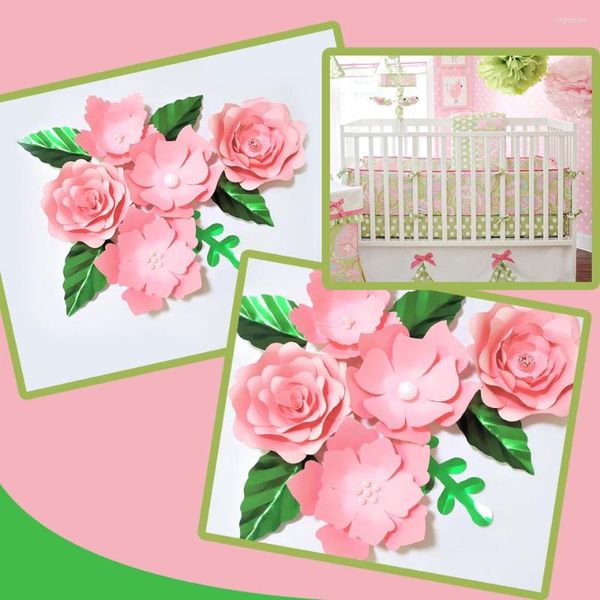 Flores decorativas hechas a mano rosa rosa DIY papel hojas verdes conjunto para fiesta boda telones de fondo decoraciones vivero pared Deco video tutoriales