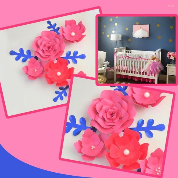 Fleurs décoratives faites à la main rose facile à faire papier de bricolage feuilles bleues ensemble pour mur de chambre d'enfant déco bébé douche filles chambre toile de fond tutoriels vidéo