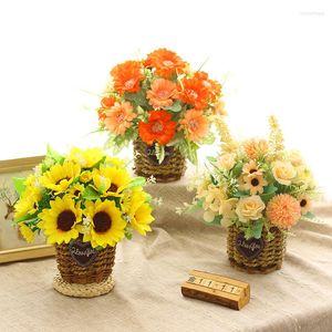 Decoratieve bloemen Handgemaakte stro bloem mand retro kunstmatige pastorale stijl rozen lelie pioenroon gerbera bonsai vaas plant huisdecoratie