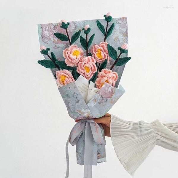 Fleurs décoratives faites à la main en laine au Crochet, produit fini, Simulation de Bouquet de camélia immortel, bricolage créatif, cadeau de saint-valentin