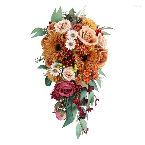 Fleurs décoratives faites à la main, Bouquet de mariée de mariage, tenue artificielle en forme de goutte d'eau