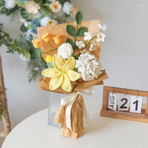Fleurs décoratives tissées à la main, mélange de lys et boule de broderie, Bouquet fini, emballage exquis, cadeau, Imitation fleur, 22cm x 42cm
