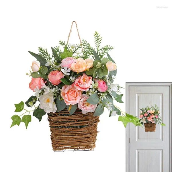 Fleurs décoratives panier de fleurs gaies pour porte de fenêtre Couronne de printemps artificielle Signe de bienvenue Couronnes de front tissée en osier