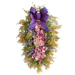 Fleurs décoratives décoration suspendue en couronne d'hortensia artificielle avec porte murale de ferme de ruban à bowknot