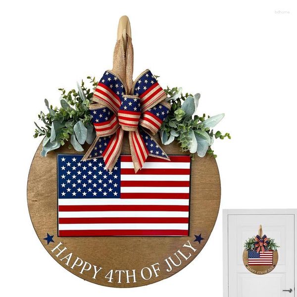 Fleurs décoratives Happy 4th Of July Welcome Door Sign Summer Independence Day Décorations Guirlande Patriotique Cintre Bois Fait à la main