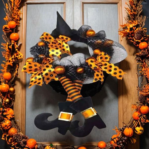Flores decorativas felices corona de halloween con adornos de cinta para la puerta delantera bruja al aire libre decoración del manto festivo