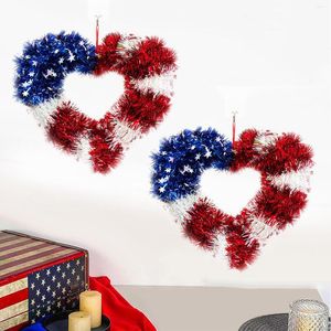 Flores decorativas Corona en forma de corazón Estilo americano Rojo Blanco y azul Guirnalda brillante Colgante de pared Día de la Independencia Decoración patriótica