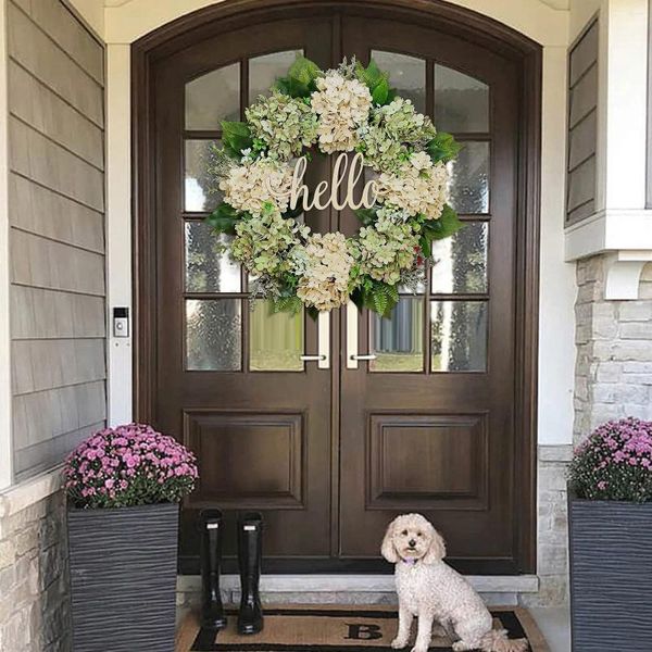 Flores decorativas Hola Simulación Guirnalda Decoración de la puerta Hortensia europea y americana Colgador de anillo de ratán para el frente exterior