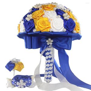 Fleurs décoratives de haute qualité 18cm, Bouquet artificiel de roses en soie, ensemble de poignet de broche de fleur