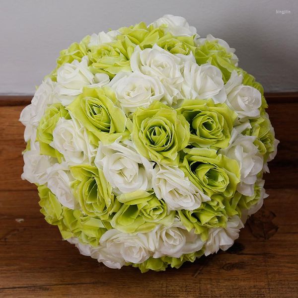 Fleurs décoratives de haute qualité 8''20cm Double couleur fleur boule Beige vert clair soie Rose baiser Pomander fournitures de fête de mariage