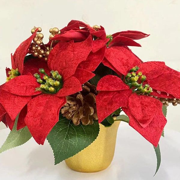 Fleurs décoratives Flanelle de haute qualité Fleur artificielle en pot Poinsettia de Noël Décor Rouge Feuille verte Tissu en plastique Bureau Maison