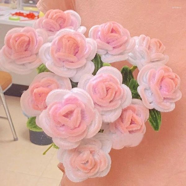 Flores decorativas Flor rosa hecha a mano de alta calidad, Color rosa degradado para el día de San Valentín, ramo romántico de bricolaje, regalos, decoración del banquete de boda