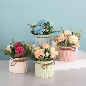 Fleurs décoratives de haute qualité rose hortensia maison mariage bureau soie fleur artificielle décor avec petits Pots en céramique