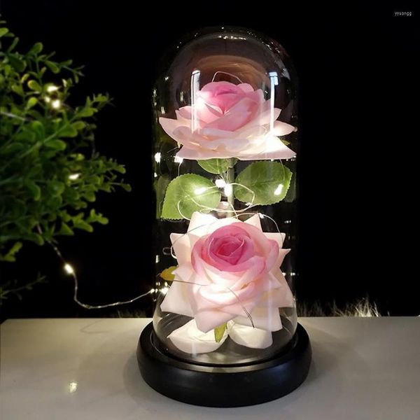 Flores decorativas Rosa de alta calidad, regalo ligero, flor ligera y delicada, rosas artificiales duales con cúpula de cristal