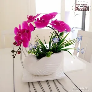 Flores decorativas de alta simulación, arreglos de orquídeas artificiales Ikebana hechos a mano, bonsái en maceta de látex de tacto Real púrpura