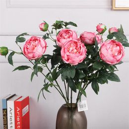 Fleurs décoratives Haute Simulation Pivoine Fleur Tête Unique Bouquet Artificiel Filé De Noyau Faux Ornement De Mariage