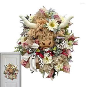 Fleurs décoratives couronne de vache Highland couronnes de printemps en bois pour porte d'entrée arcs feuilles fleur porche décor toute la saison