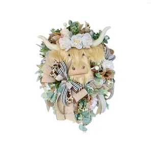 Couronne de vache des hautes terres, fleurs décoratives, printemps et été, pour cintre de porte d'entrée, suspendue de 40cm