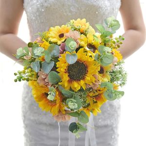 Decoratieve bloemen met een boeket 28 cm feesthuisdecoratie zijden bloem strik bruiloft festival benodigdheden handgemaakte kunstmatige zonnebloem