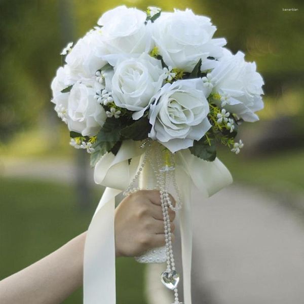 Flores decorativas que sostienen un ramo de boda de rosas naturales artificiales con cinta de satén de seda Fiesta nupcial de dama de honor de champán blanco