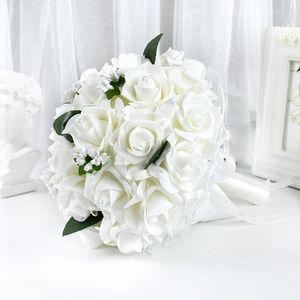 Flores decorativas que sostienen el ramo nupcial de la boda de la dama de honor de la rosa artificial con la cinta de raso de seda Pearl Mariage Bride Party Favor