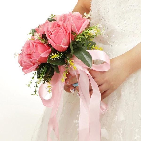 Flores decorativas que sostienen el ramo de boda de rosa artificial con cinta de satén de satén flor de la fiesta de San Valentín Decoración de la fiesta de San Valentín