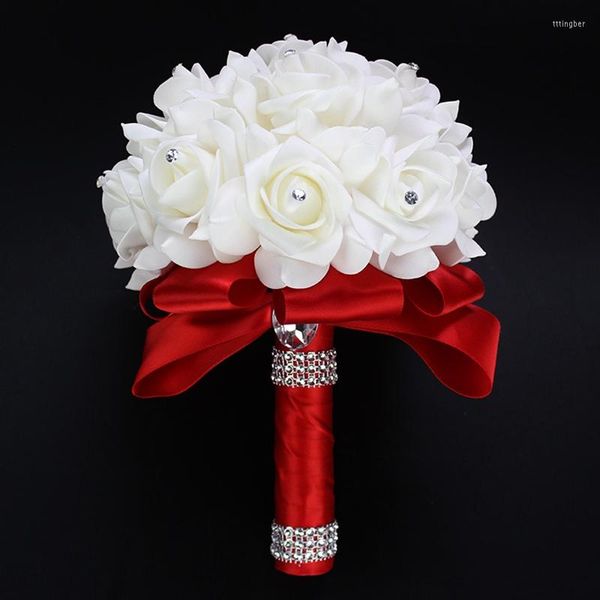 Flores decorativas con ramo de boda de rosas artificiales de PE con cinta de satén de seda, fiesta nupcial de dama de honor de champán, multicolor