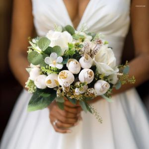 Fleurs décoratives tenant des roses en soie bouquet de mariage artificielle ruban de satin naturel fleur champagne demoiselle d'honneur décoration de fête de mariée