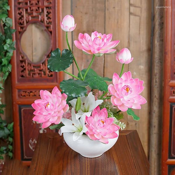 Flores decorativas Decoración para el hogar Plantas en maceta de loto artificial Estilo chino Zen Oferta interior Plataforma de Buda Decoración Simulación Seda