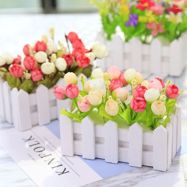 Fleurs décoratives pour décoration de maison, Simulation de mariage, petite plante artificielle en pot, faux chrysanthème, ensemble avec clôture