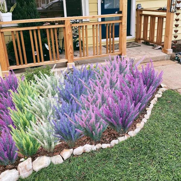 Flores decorativas Inicio Falso Flocado artificial 5 tenedores Lavanda Trigo Orejas Ramo Púrpura Exterior Anti-UV Sin desvanecimiento Jardín de plantas de plástico