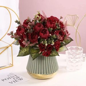 Fleurs décoratives maison Red Peony Bouquet Silk Fake Green Plant Shopping Mall Decoration Artificial Flower Pink Peonies Simulation Floral