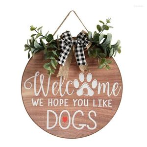 Fleurs décoratives J'espère que vous aimez les chiens Panneau en bois avec arc Rustique Ferme Tenture murale Guirlande pour porte d'entrée Décorations pour la maison