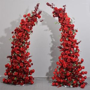 Fleurs décoratives cornes arc arrangement de fleurs de rose rouge ensemble fond de mariage décoration décoration moon stand personnaliser la rangée artificielle