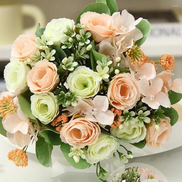 Fleurs décoratives Hortensia Bouquet de rose élégant artificiel pour arrangement de mariage pièce maîtresse de mariée A