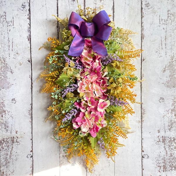 Flores decorativas Guirnalda de puerta de pared de flores de hortensia con cinta de lazo púrpura 2024 Fiesta de bodas de primavera Decoración de Pascua Guirnalda artificial