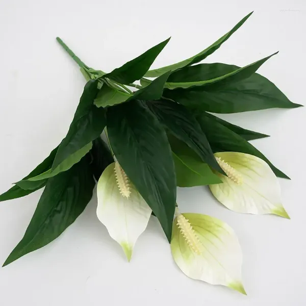 Flores decorativas de imitación de Anthurium Andraeanum, plantas verdes, hojas, decoración del hogar, arte floral, suministros de accesorios de escritorio Po