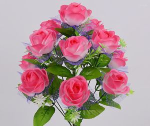 Fleurs décoratives Imitation Rose Bouquet Faux 12 Tête Fée Pêche Avec Fil Fleur Décoration Placement Mouchoir Soie Plas