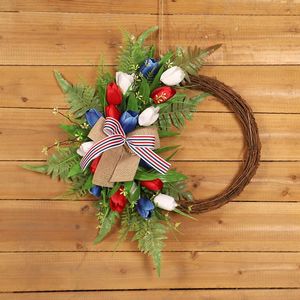 Couronne de fleurs décoratives pour le jour de l'indépendance, tulipe en soie, couronnes en rotin naturel pour le 4 juillet, bleu, rouge, blanc, artificiel