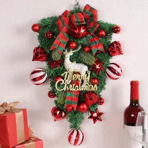 Couronne de Noël d'intérieur avec fleurs décoratives, vacances joyeuses, lettre festive, signe d'élan, boule à carreaux avec nœud papillon, réutilisable, intérieur/extérieur pour fenêtre