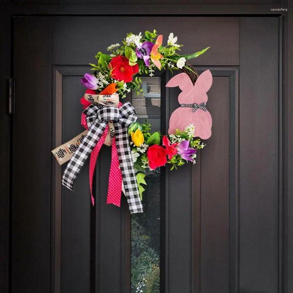 Couronne de fleurs décoratives d'intérieur et d'extérieur, signe rustique de pâques en bois, rotin avec nœud papillon, suspension réutilisable pour vacances