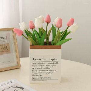 Flores decorativas Ins bolsa de papel Kraft juego de ramo de tulipanes 10 Uds simulación Mini flor Artificial falsa boda decoración del hogar