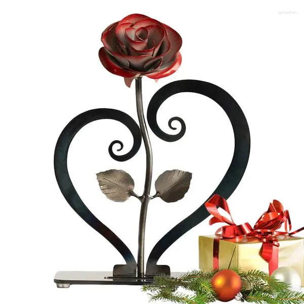 Flores decorativas, rosa de hierro con soporte, adornos en forma de corazón, regalo de aniversario Artificial de Metal para esposa, novia y vida