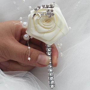Fleurs décoratives ivoire Rose fleur perle cristal marié boutonnière fête de mariage homme costume Corsage broche Satin boutonnière