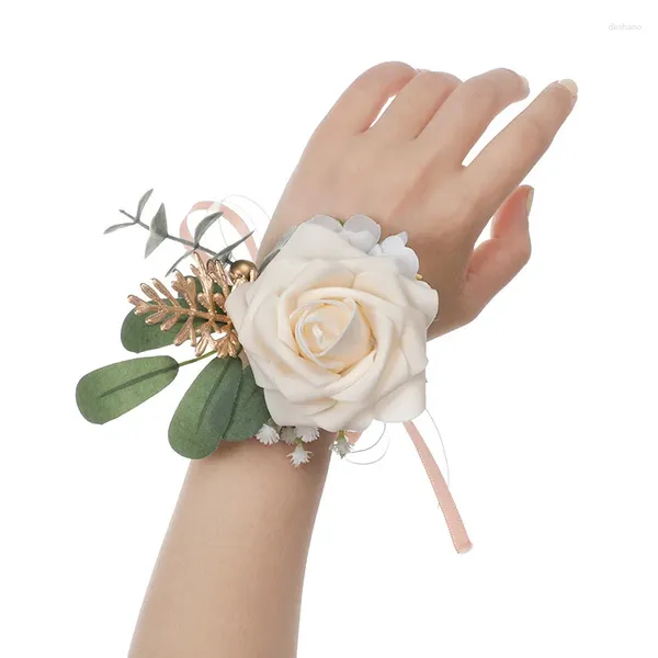 Fleurs décoratives Bracelet de bracelet de corsage en rose ivoire et costume pour hommes accessoires de mariage blanc décoration de danse